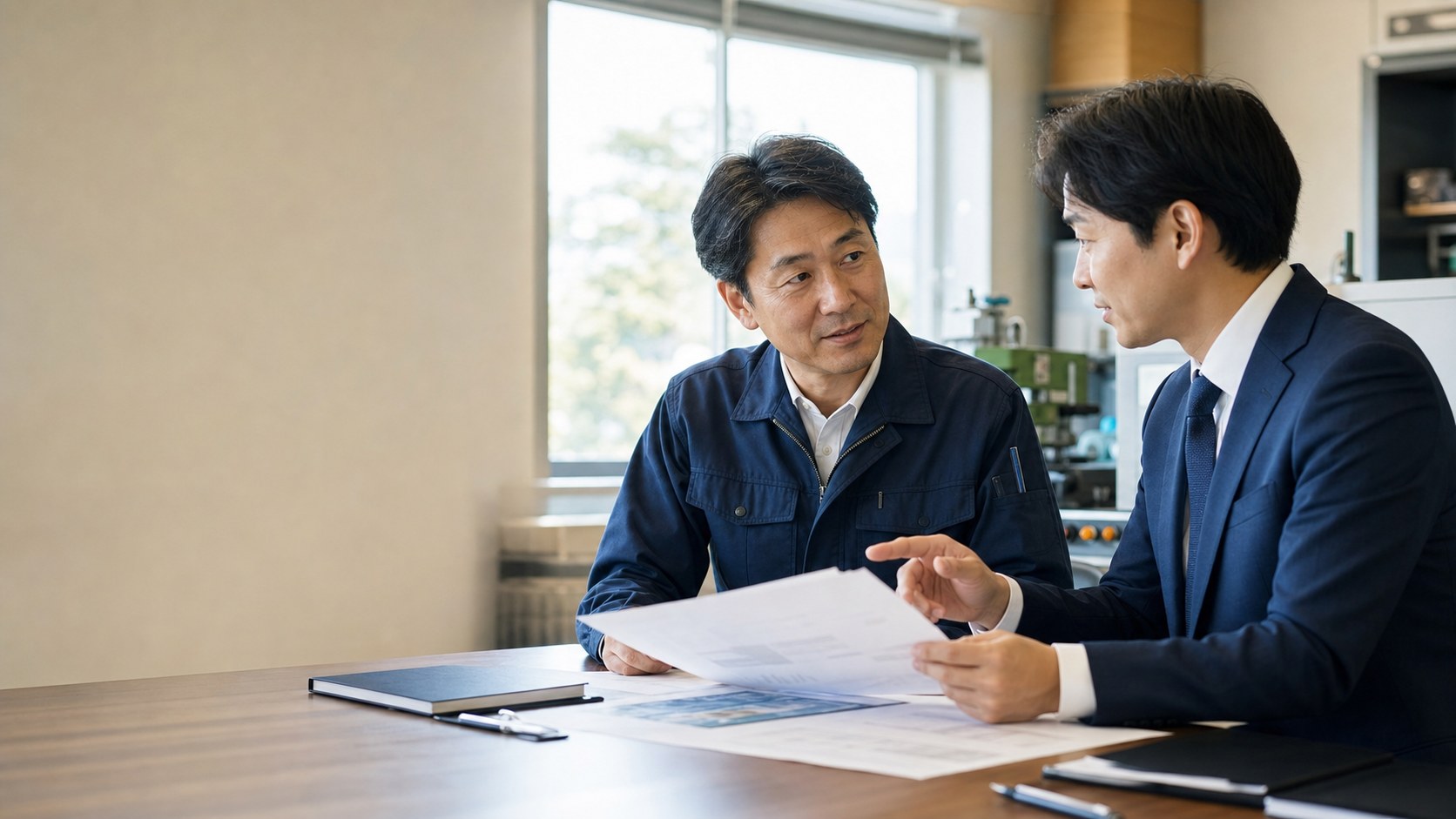 昭島の企業オーナーとM&Aアドバイザーが相談する様子